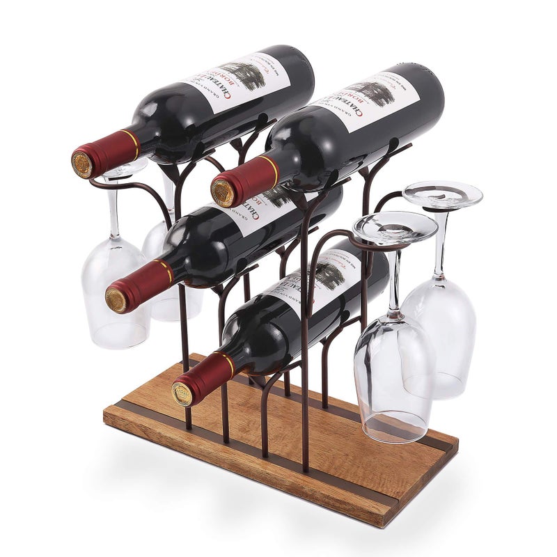 ALLCENER Tabletop Wood Wine Holder, Countertop Wine Rack, Hold 4 Wine Bottles and 4 Glasses, Perfect for Home Decor & Kitchen Storage Rack, Bar, Wine Cellar, Cabinet, Pantry, etc, Wood & Metal (Bronze) - Image 1